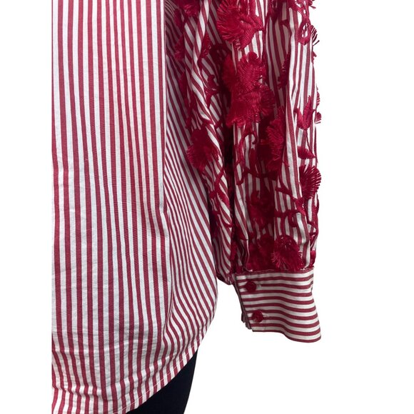 Chicos Red & White Striped Button-Up Shirt W/ Floral Lace Sleeves Size 12 - Picture 5 of 8